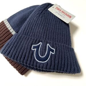 NWT True Religion 2-Pack Beanie Hats Blue & Brown Logo Ribbed Knit Lined Acrylic